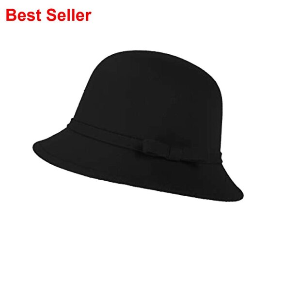 Suede Wool Felt Bucket Hat Adjustable Vintage Bowler with Bowknot